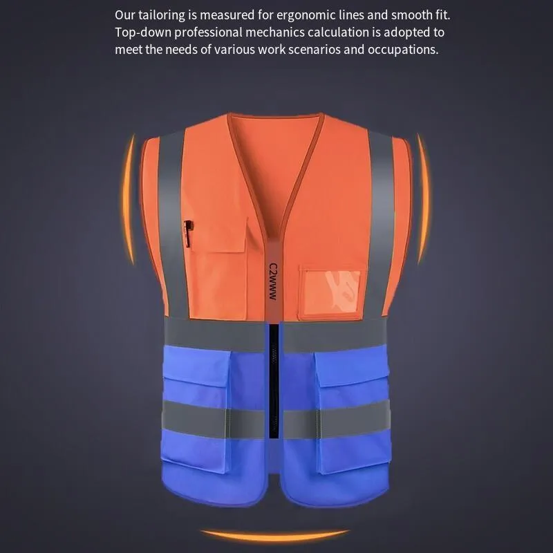 6 Pieces Highly Visibility Original Safety Vest with 4 Highly Reflective Strips Safety Zipper Breathable Fabric for Outdoor Work Jogging Sports - Orange   Blue