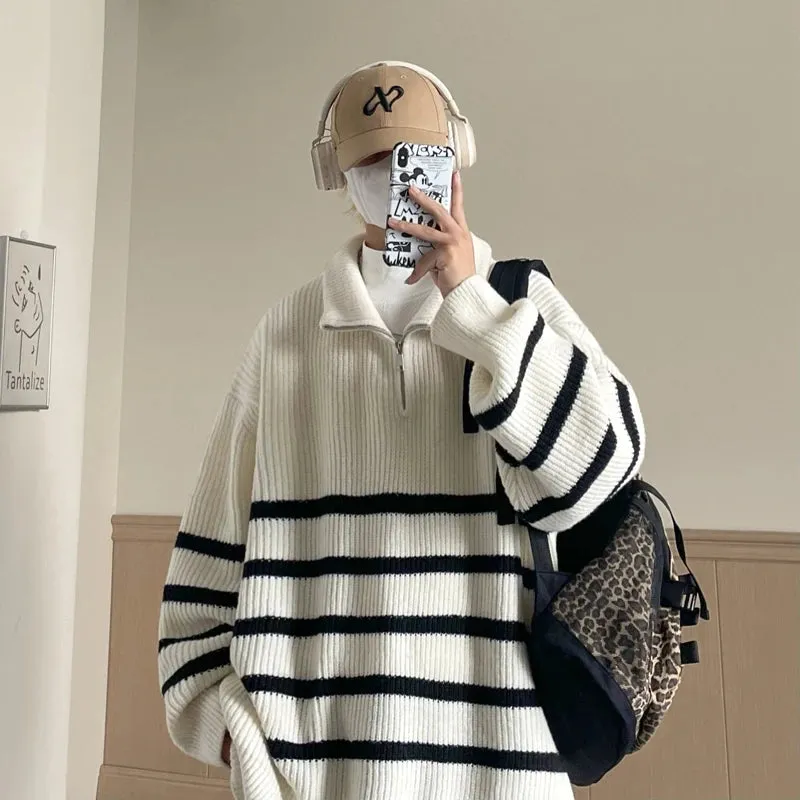 Aidase Autumn Winter Oversize Knitted Sweater 2024 New Vintage Pullover Baggy Long Sleeve Zipper Sweaters Striped Y2K Tops