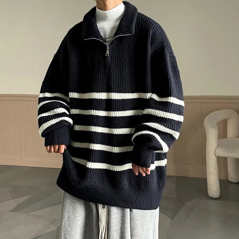 Aidase Autumn Winter Oversize Knitted Sweater 2024 New Vintage Pullover Baggy Long Sleeve Zipper Sweaters Striped Y2K Tops