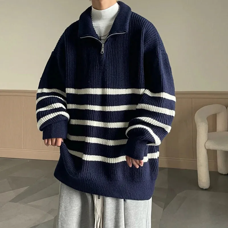 Aidase Autumn Winter Oversize Knitted Sweater 2024 New Vintage Pullover Baggy Long Sleeve Zipper Sweaters Striped Y2K Tops
