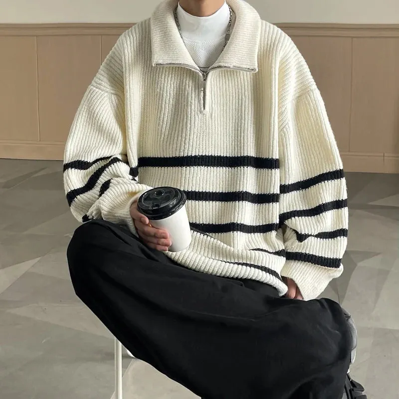 Aidase Autumn Winter Oversize Knitted Sweater 2024 New Vintage Pullover Baggy Long Sleeve Zipper Sweaters Striped Y2K Tops