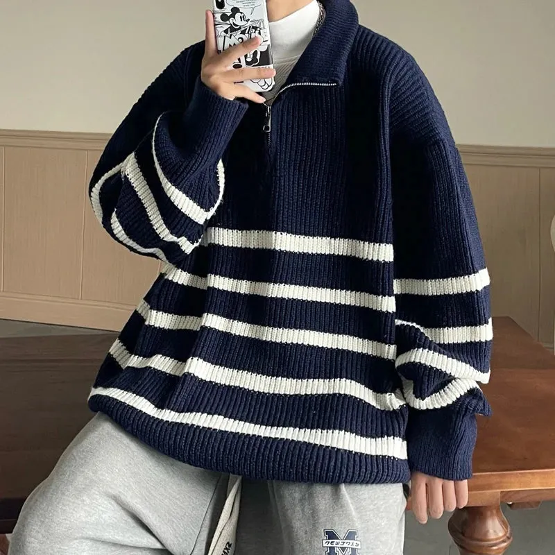 Aidase Autumn Winter Oversize Knitted Sweater 2024 New Vintage Pullover Baggy Long Sleeve Zipper Sweaters Striped Y2K Tops