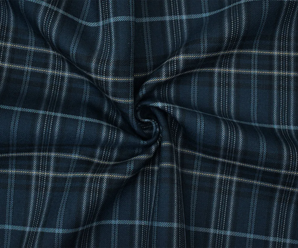 Blue-Black-Multi Wool-Polyester Plaid Woven Twill Suiting Fabric