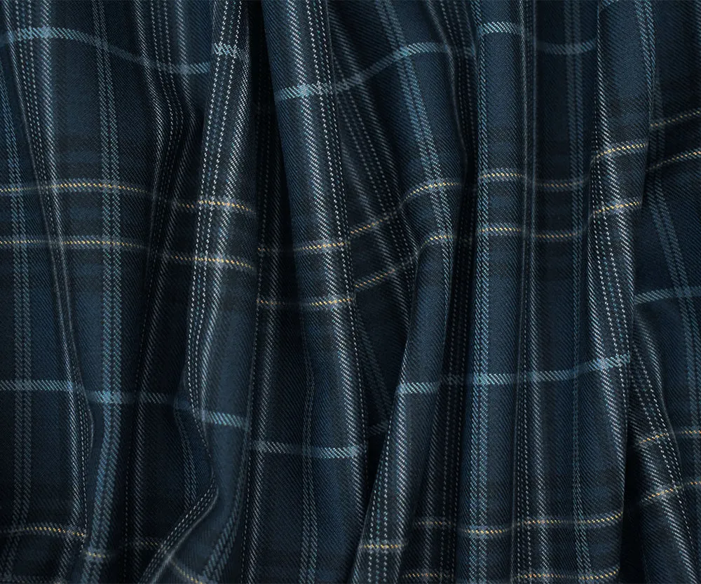 Blue-Black-Multi Wool-Polyester Plaid Woven Twill Suiting Fabric