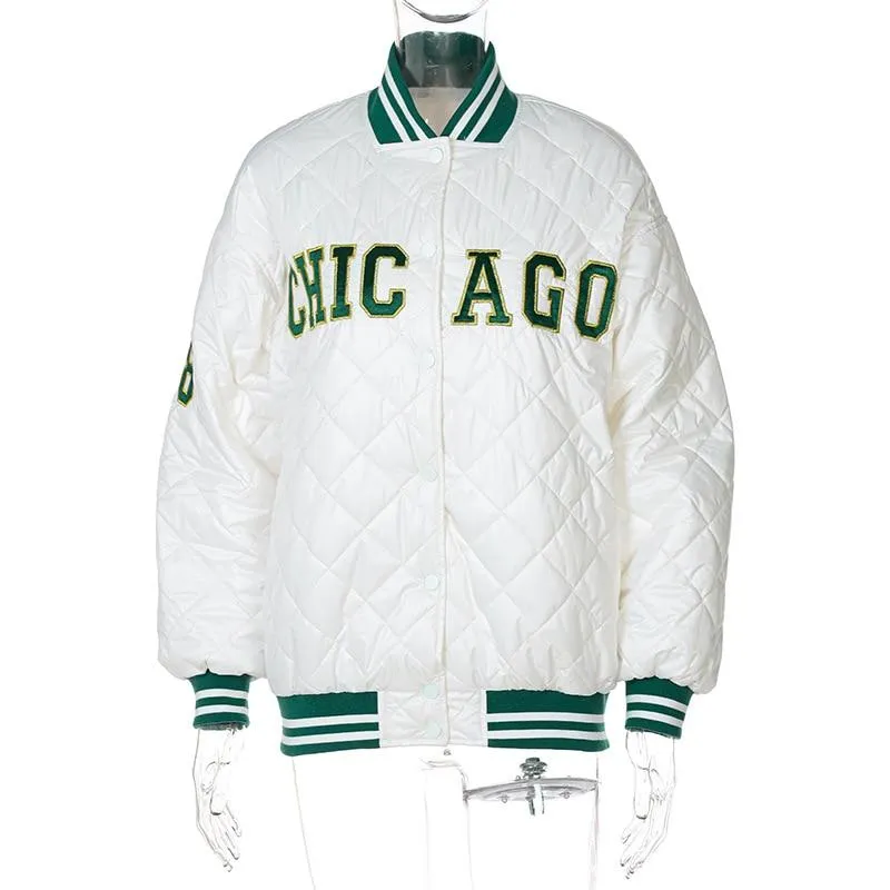 Casual Jacket Varsity Women Patchwork Print Oversized Baseball Bomber