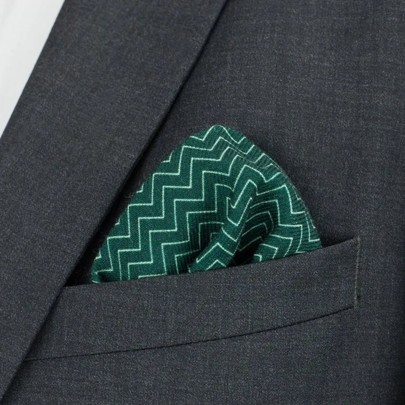 Green Zig Zags Wool Pocket Square