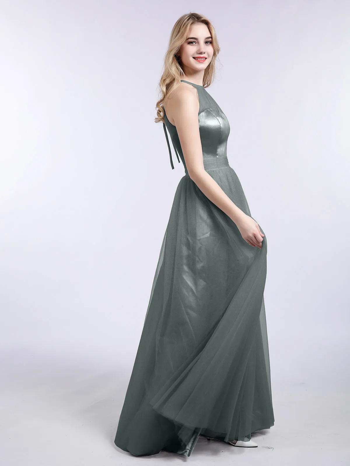 Illusion Neckline Long Tulle Dress-Steel Grey Plus Size