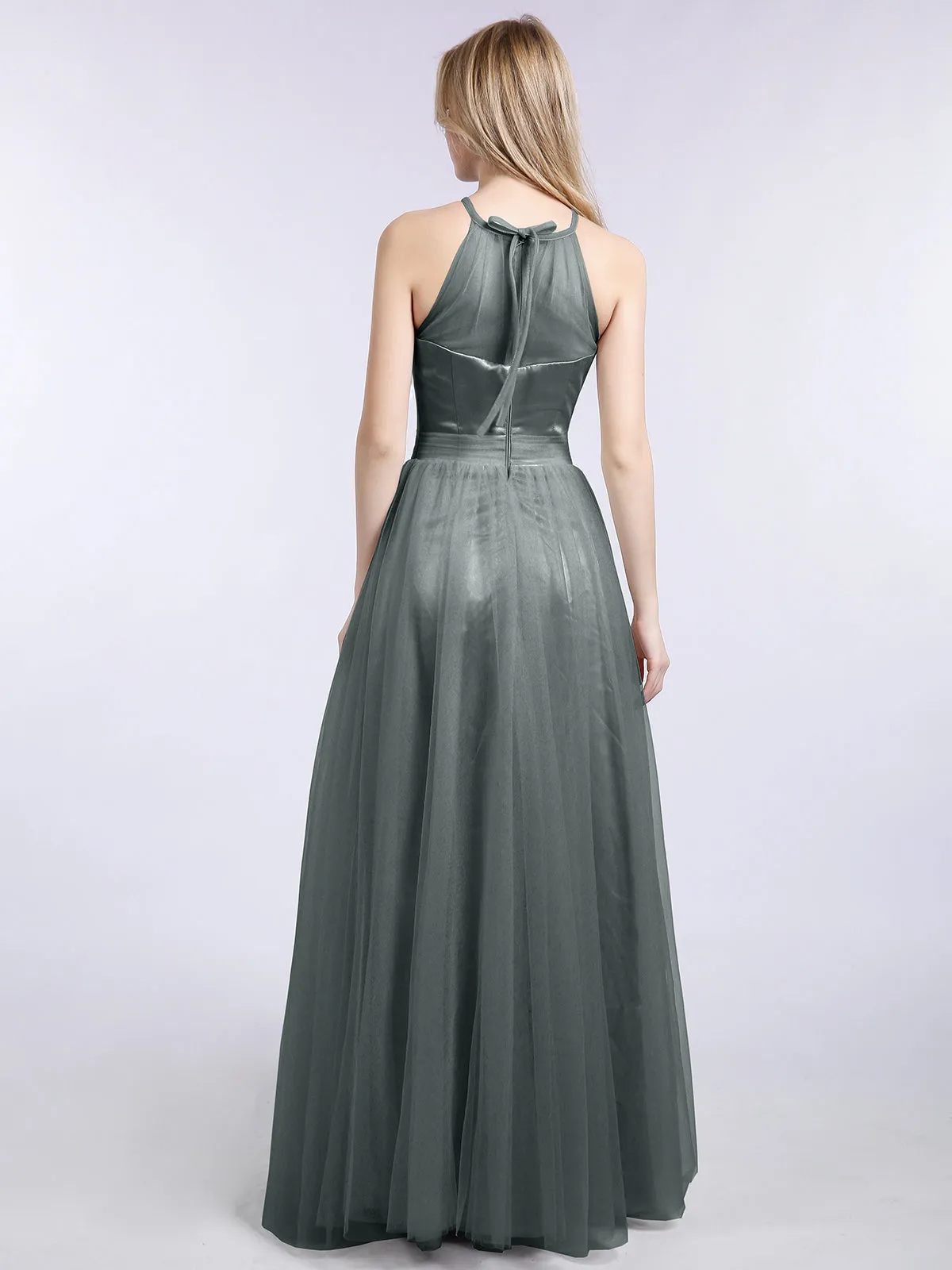 Illusion Neckline Long Tulle Dress-Steel Grey Plus Size