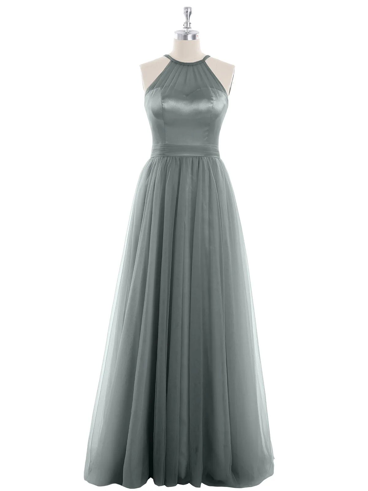 Illusion Neckline Long Tulle Dress-Steel Grey Plus Size