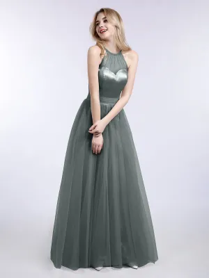 Illusion Neckline Long Tulle Dress-Steel Grey Plus Size