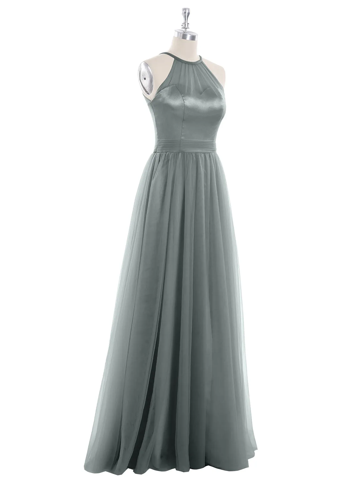 Illusion Neckline Long Tulle Dress-Steel Grey Plus Size