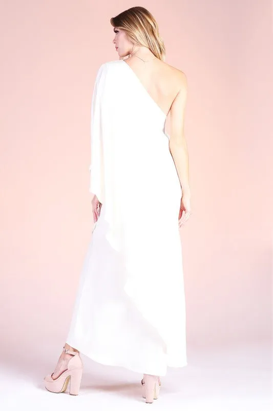 Ivory Washed Poly Silk Athena One Shoulder Maxi