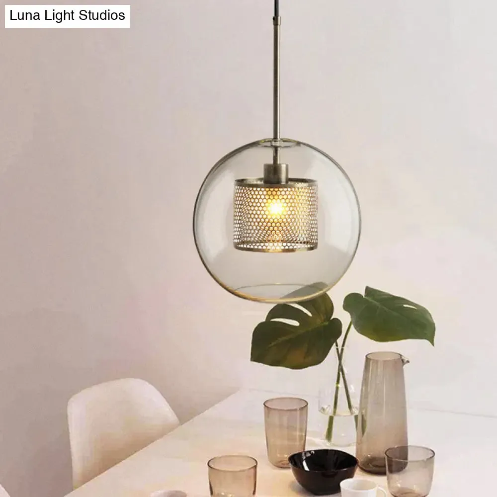Modern Clear Glass Orb Pendant Light with Mesh Cage - Stylish Ceiling Hanging Lamp