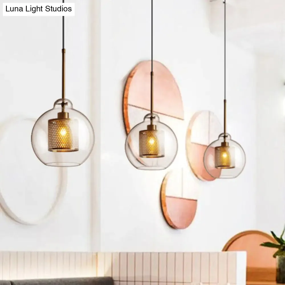Modern Clear Glass Orb Pendant Light with Mesh Cage - Stylish Ceiling Hanging Lamp