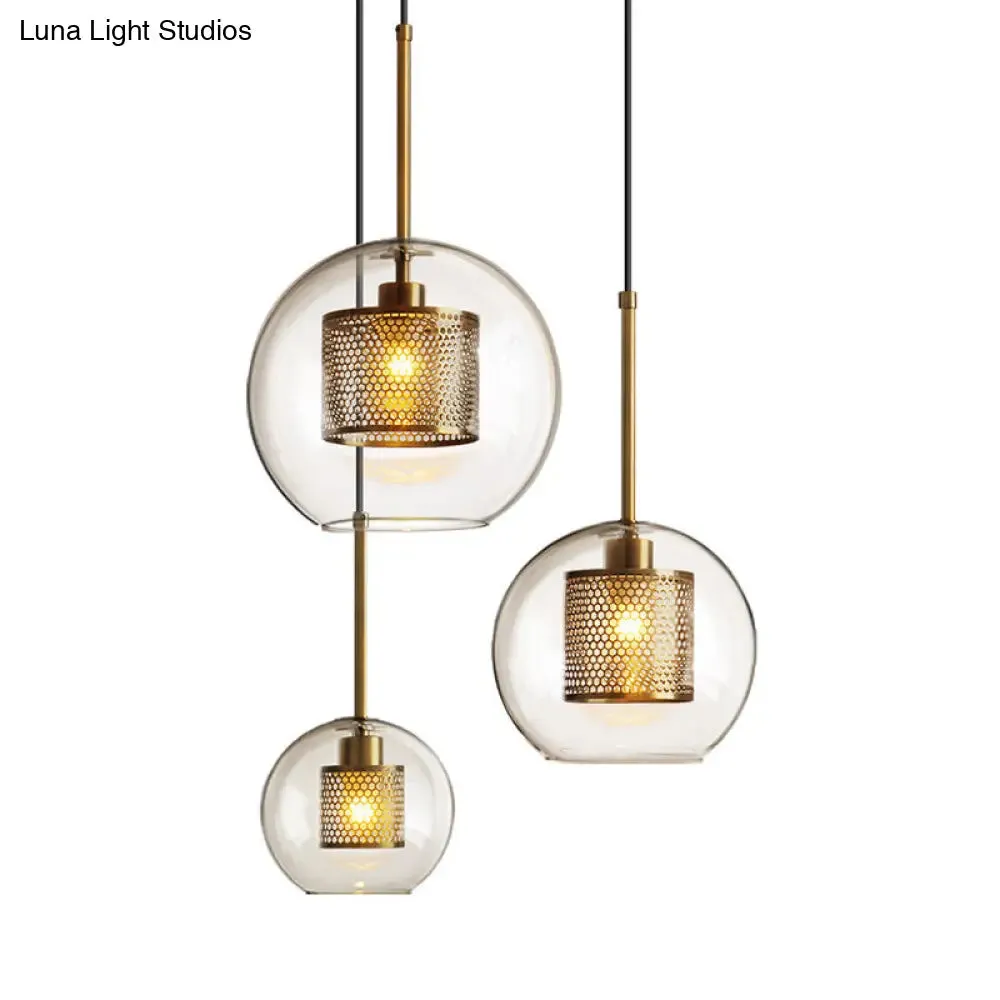 Modern Clear Glass Orb Pendant Light with Mesh Cage - Stylish Ceiling Hanging Lamp