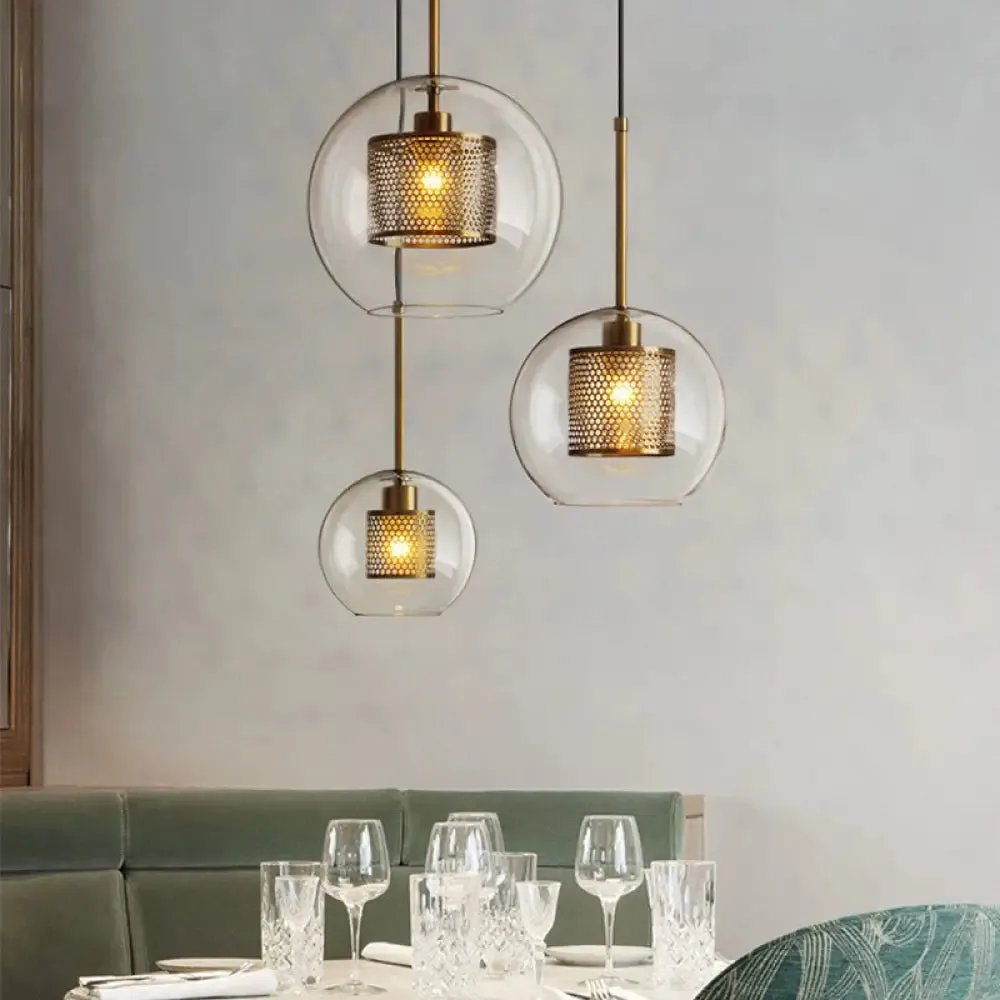 Modern Clear Glass Orb Pendant Light with Mesh Cage - Stylish Ceiling Hanging Lamp