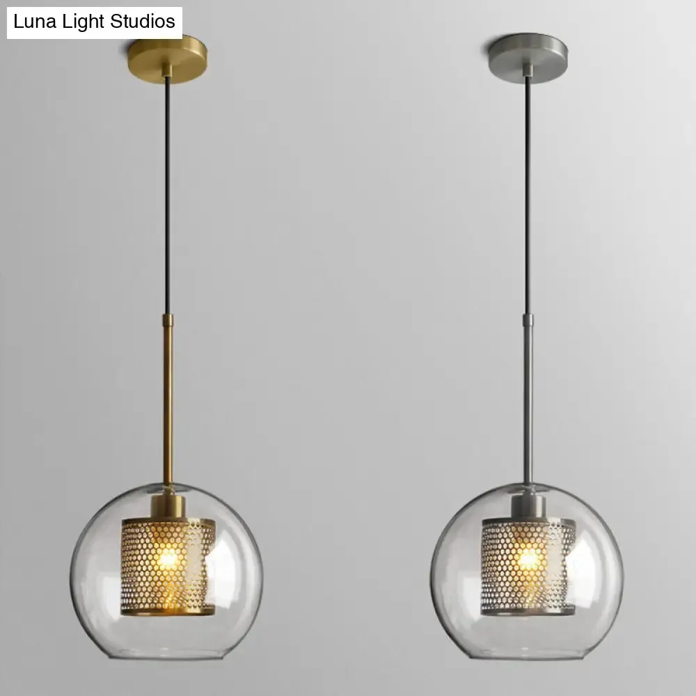 Modern Clear Glass Orb Pendant Light with Mesh Cage - Stylish Ceiling Hanging Lamp