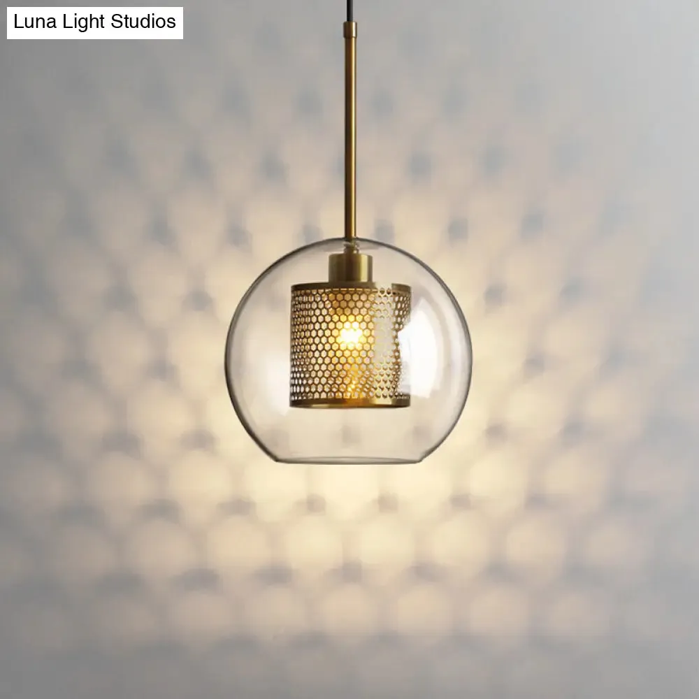 Modern Clear Glass Orb Pendant Light with Mesh Cage - Stylish Ceiling Hanging Lamp