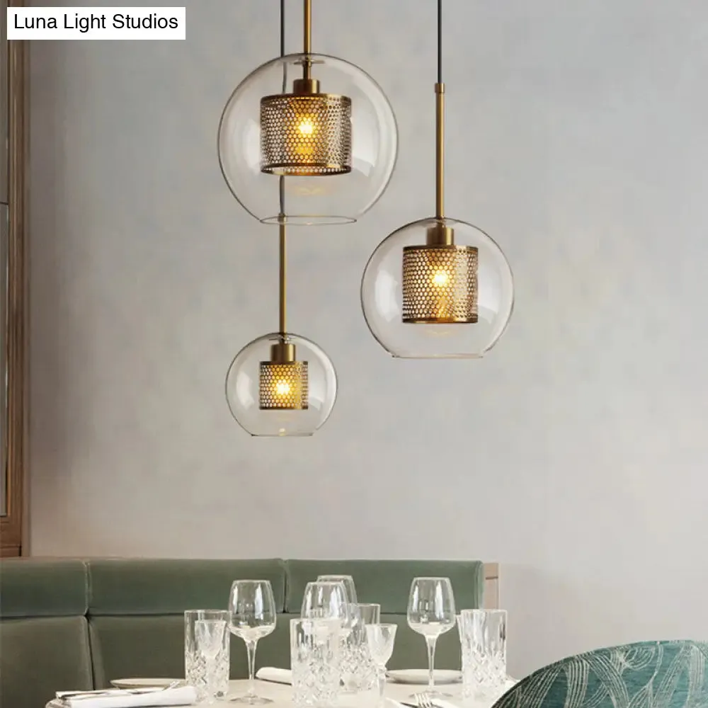 Modern Clear Glass Orb Pendant Light with Mesh Cage - Stylish Ceiling Hanging Lamp