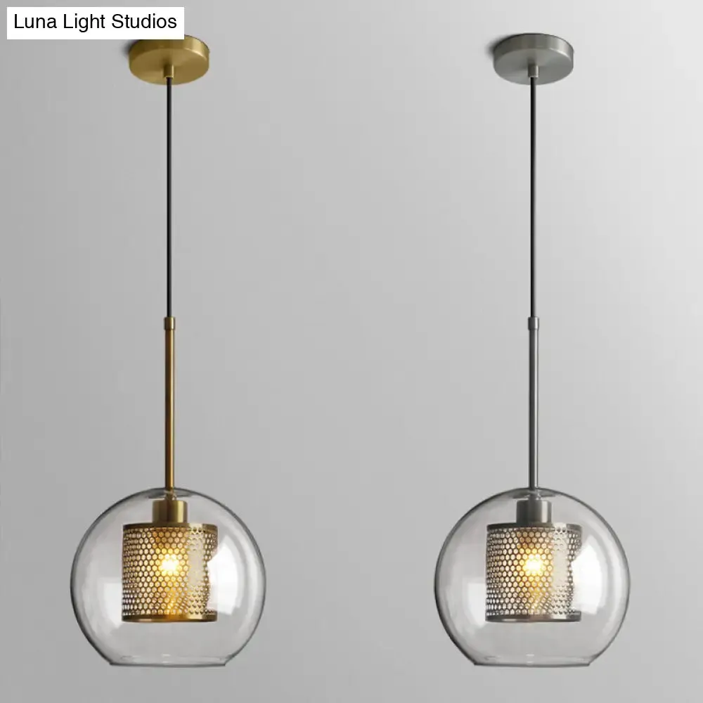 Modern Clear Glass Orb Pendant Light with Mesh Cage - Stylish Ceiling Hanging Lamp