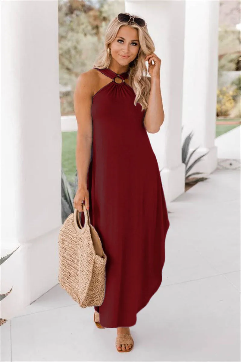Off-the-shoulder Casual Comfortable Urban Leisure Halter Long Pocket Dress