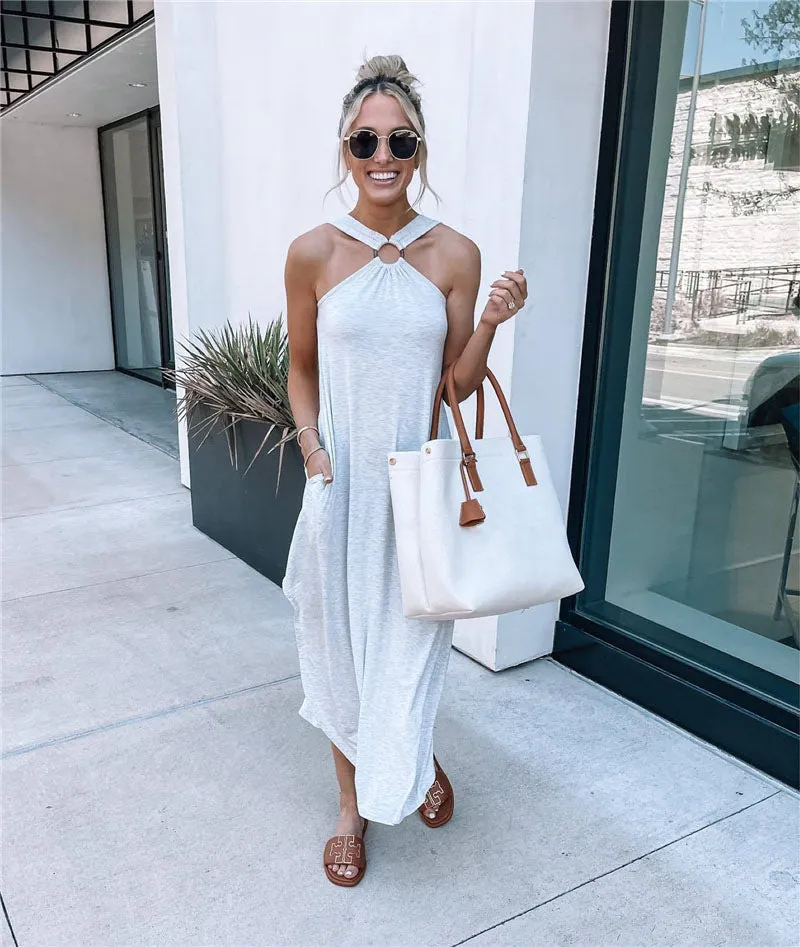 Off-the-shoulder Casual Comfortable Urban Leisure Halter Long Pocket Dress
