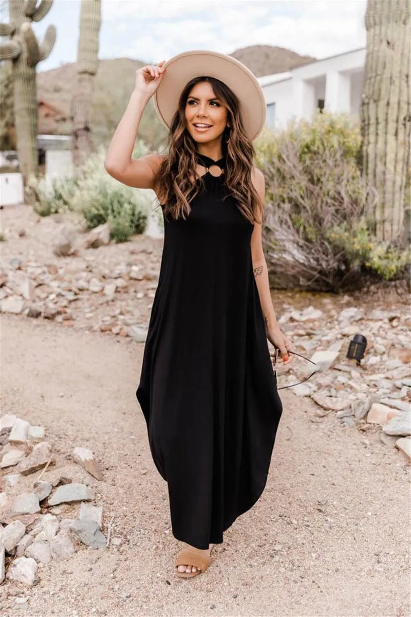 Off-the-shoulder Casual Comfortable Urban Leisure Halter Long Pocket Dress