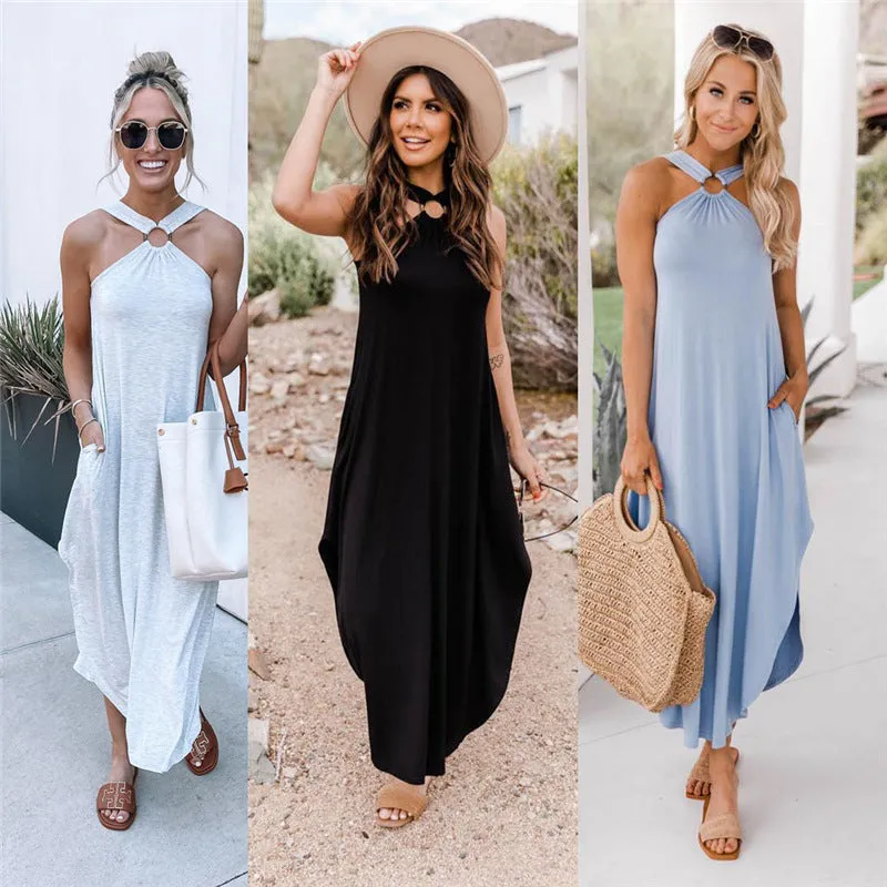 Off-the-shoulder Casual Comfortable Urban Leisure Halter Long Pocket Dress