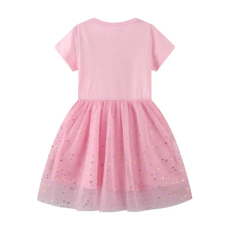 Short Sleeve Beautiful Unicorn Pattern with Gold Stars Girls Dress in Pink | Toddler Kid Baby Girl Dress Gift Princess Girl Dresses Cloths