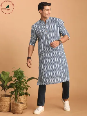 SHVAAS By VASTRAMAY Men's White And Blue Striped cotton Kurta