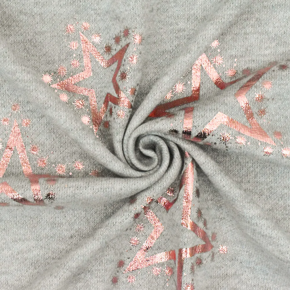 Soft Gray-Rose Gold Foil Printed Star Poly French Terry Knit Fabric