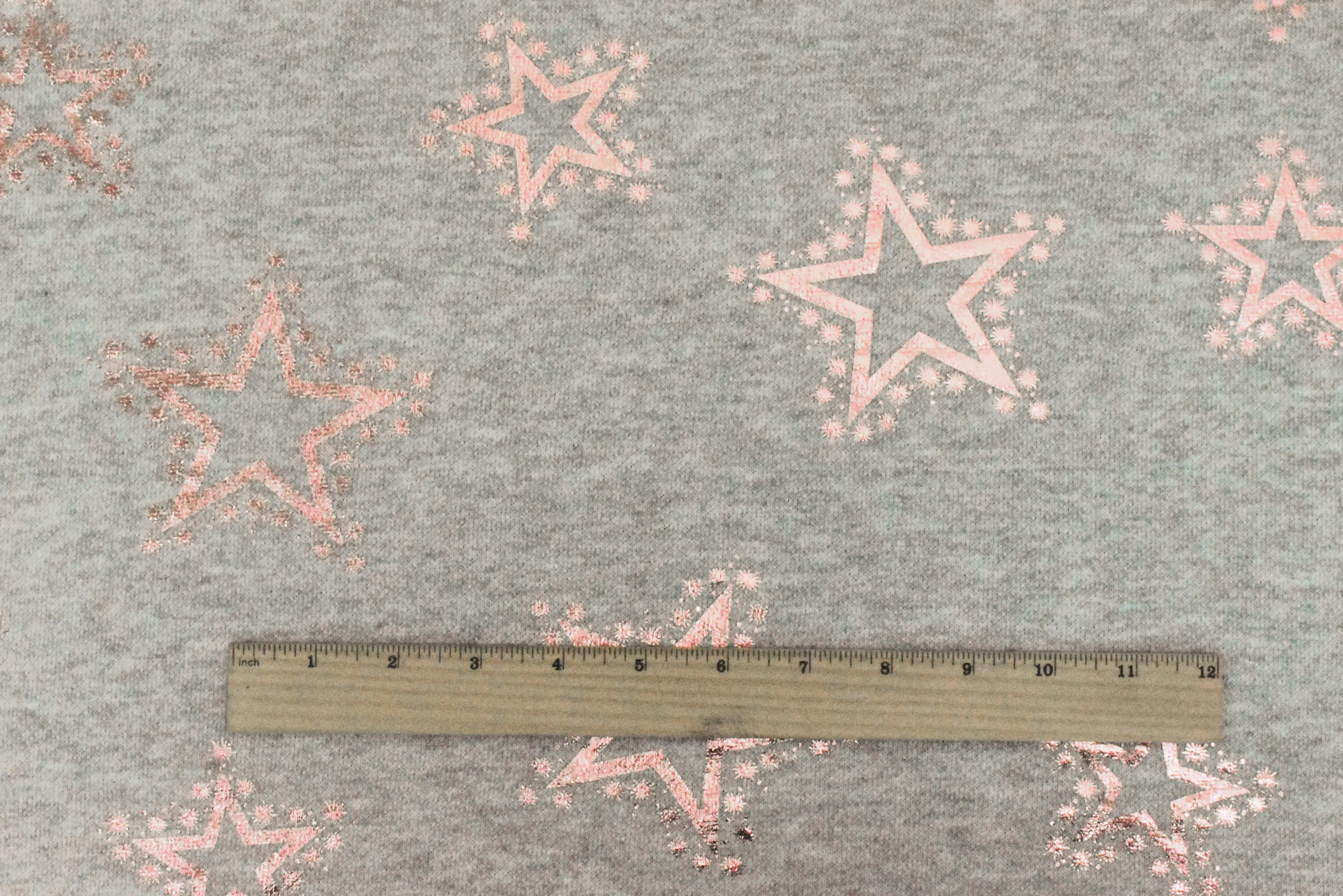 Soft Gray-Rose Gold Foil Printed Star Poly French Terry Knit Fabric