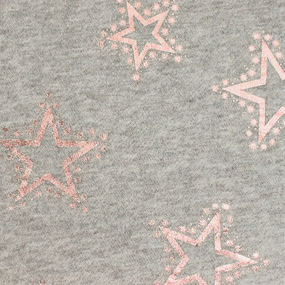 Soft Gray-Rose Gold Foil Printed Star Poly French Terry Knit Fabric