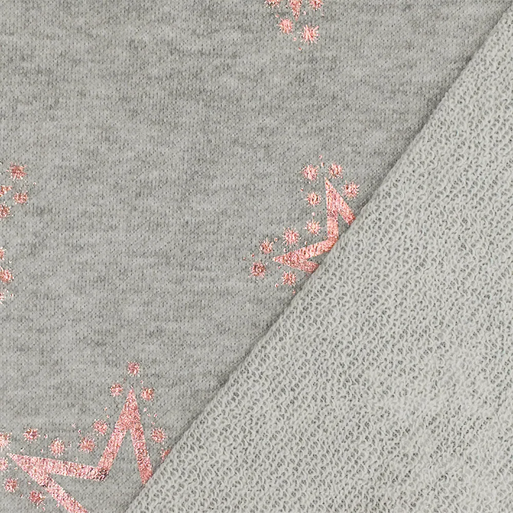 Soft Gray-Rose Gold Foil Printed Star Poly French Terry Knit Fabric