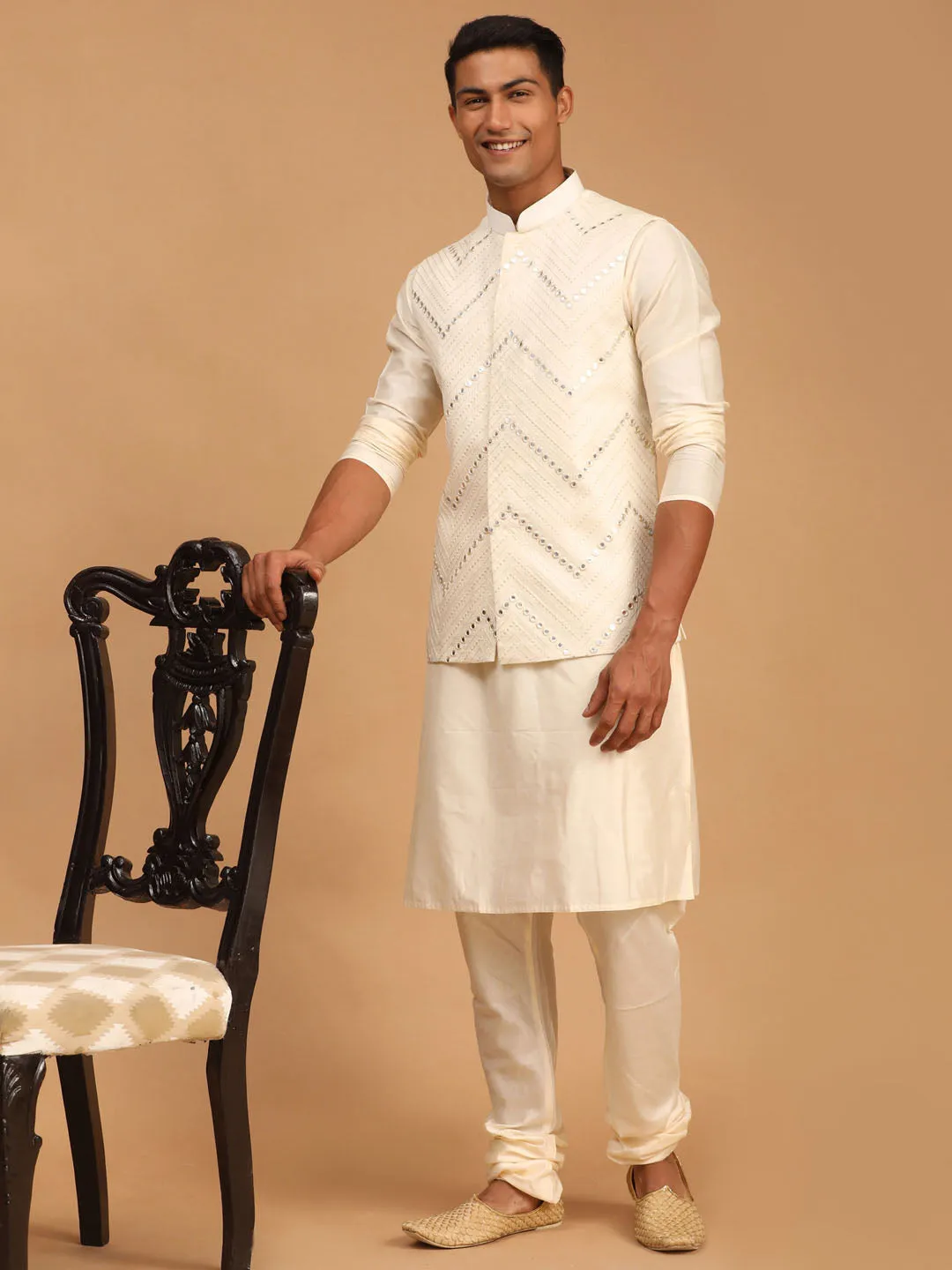 Vastramay Cream Mirror Jacket Kurta Pyjama Set