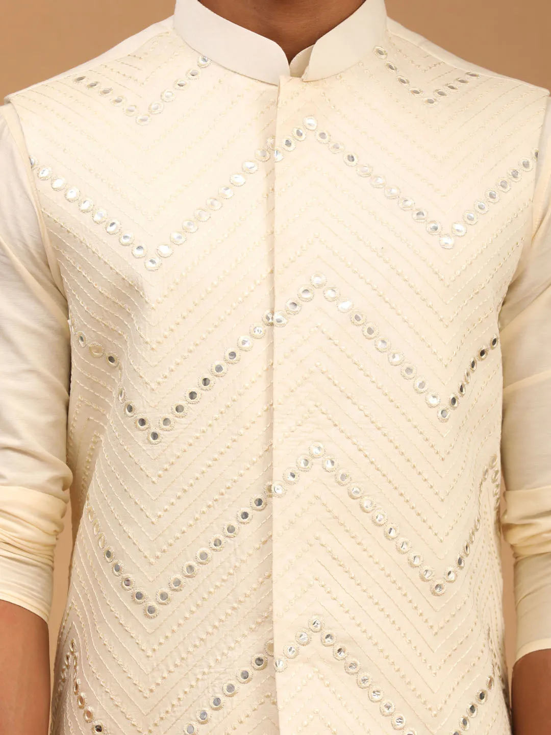 Vastramay Cream Mirror Jacket Kurta Pyjama Set