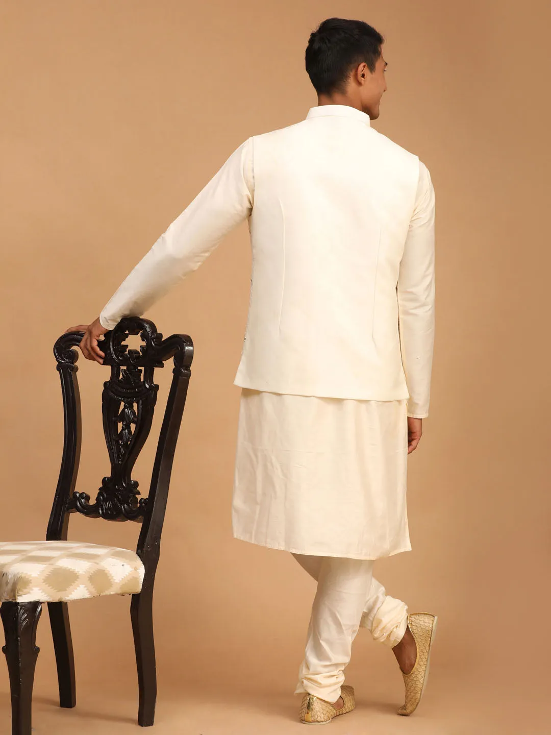 Vastramay Cream Mirror Jacket Kurta Pyjama Set