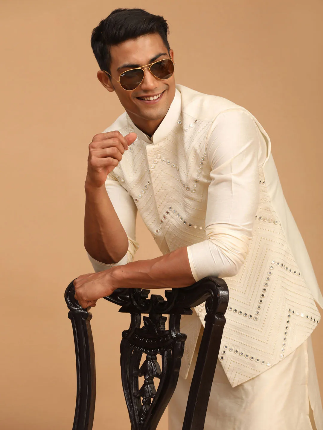 Vastramay Cream Mirror Jacket Kurta Pyjama Set