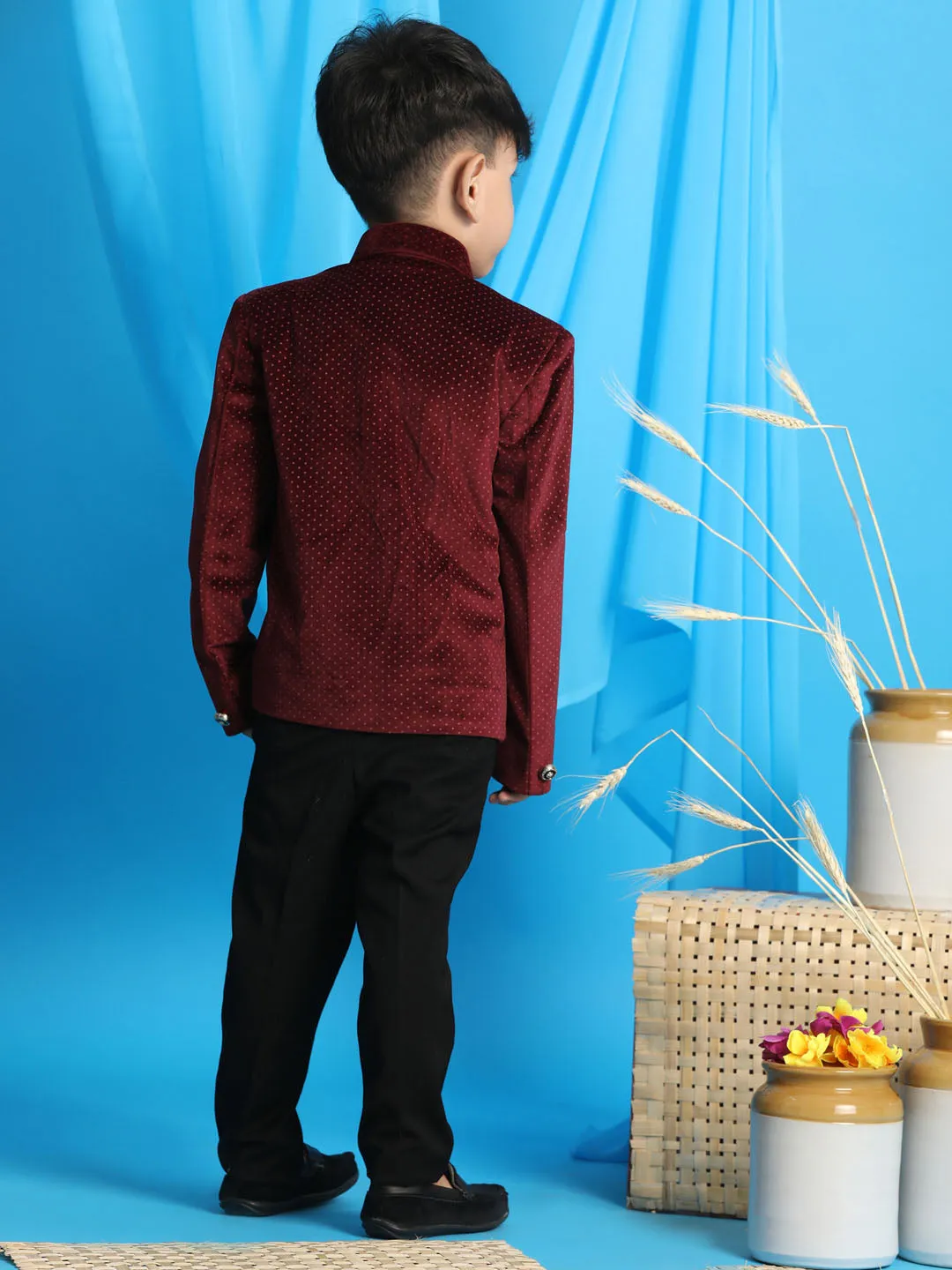 VASTRAMAY Maroon Polka Dot Printed Velvet Jodhpuri Baap beta Set