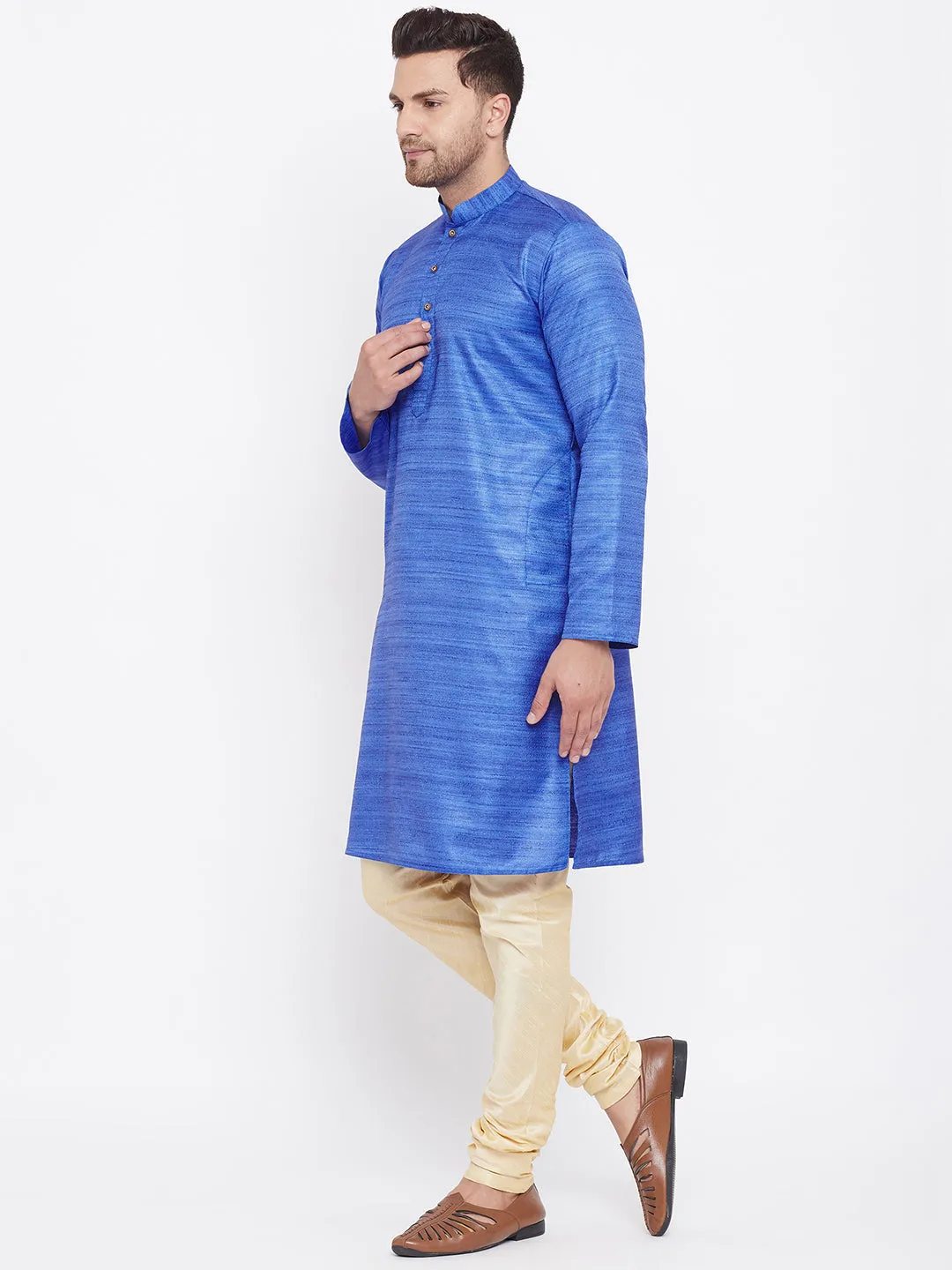 Vastramay Men's Blue And Gold Kurta Set