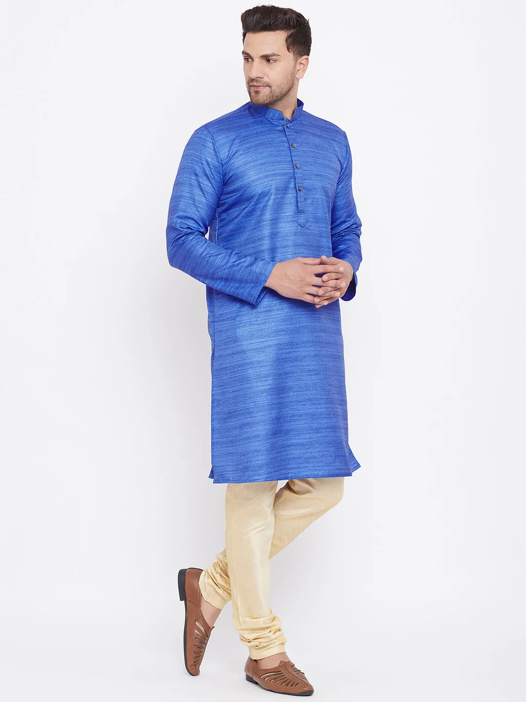 Vastramay Men's Blue And Gold Kurta Set
