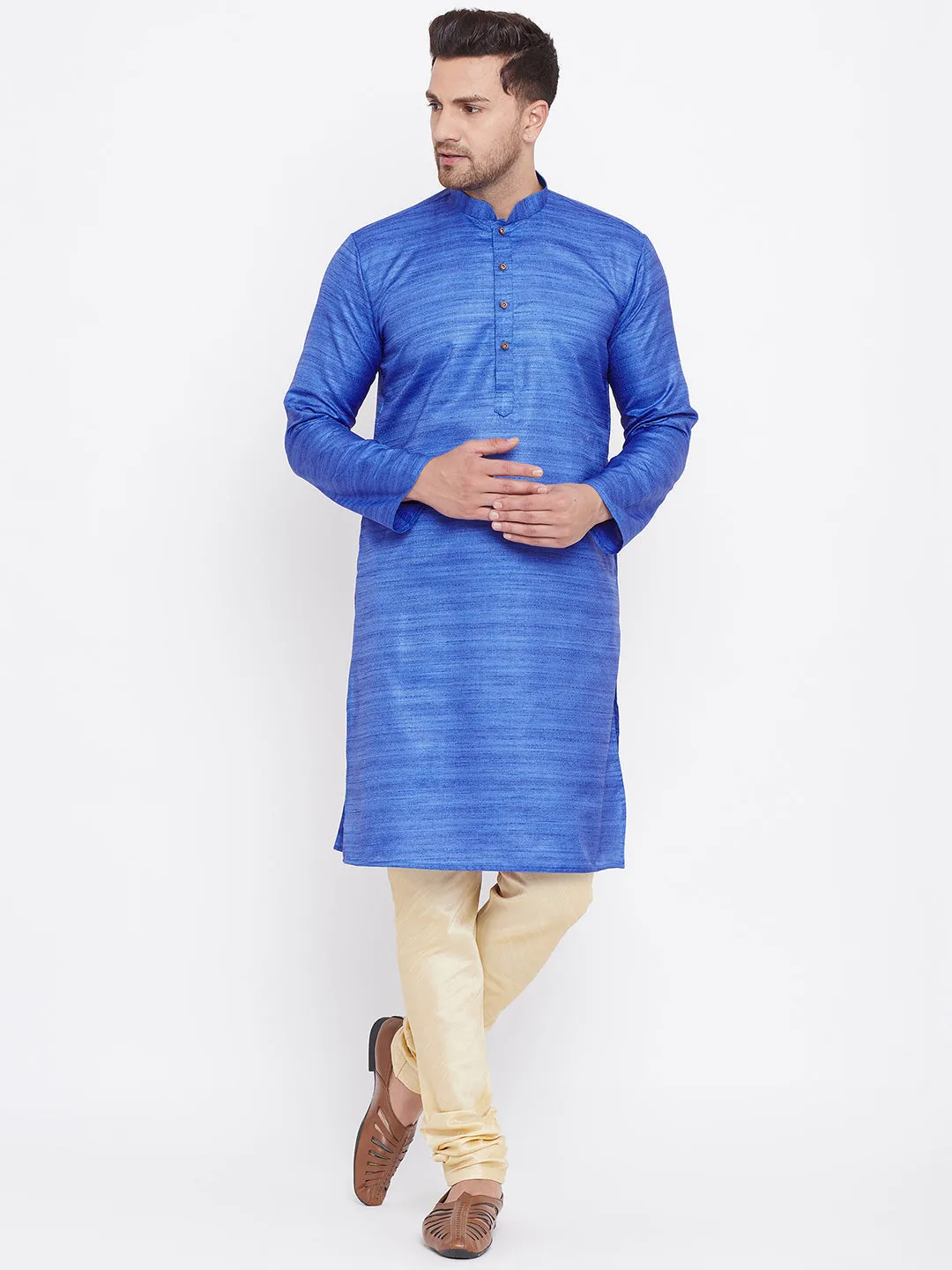 Vastramay Men's Blue And Gold Kurta Set