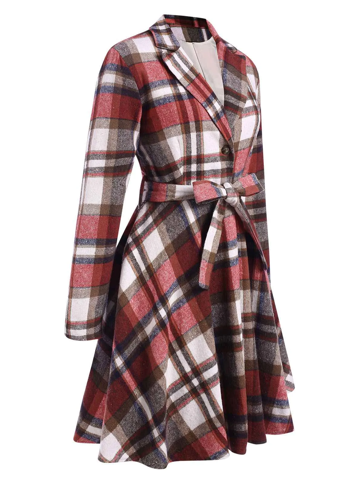 Wine Red 1950s Plaid Belted Midi Coat