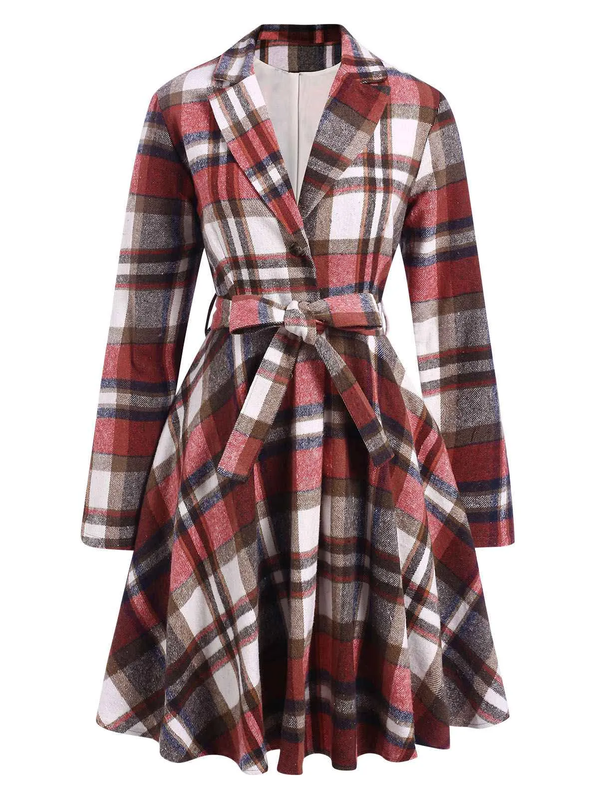 Wine Red 1950s Plaid Belted Midi Coat