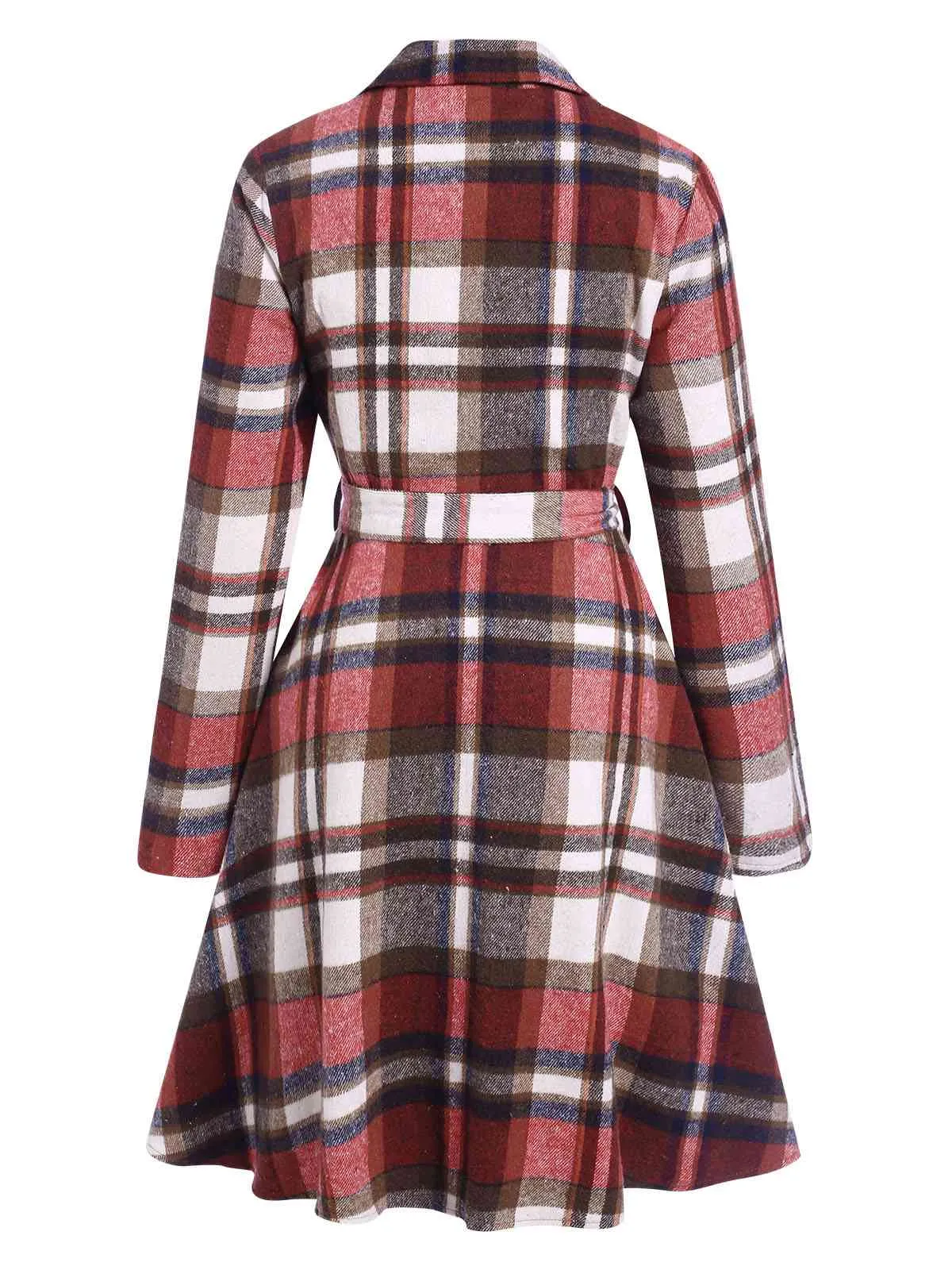 Wine Red 1950s Plaid Belted Midi Coat