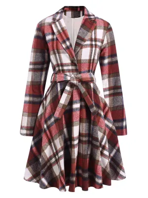 Wine Red 1950s Plaid Belted Midi Coat