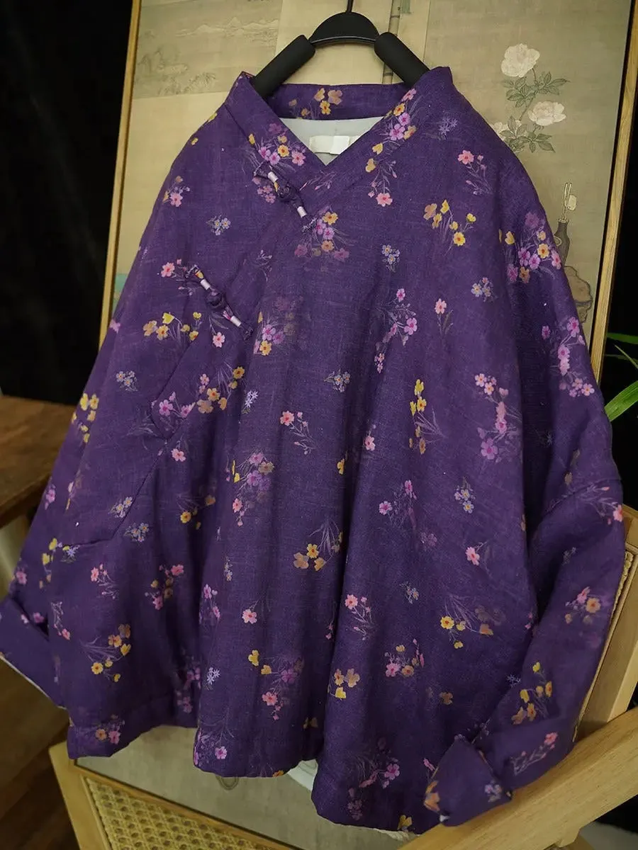 Women Floral Print Linen Padded Coat