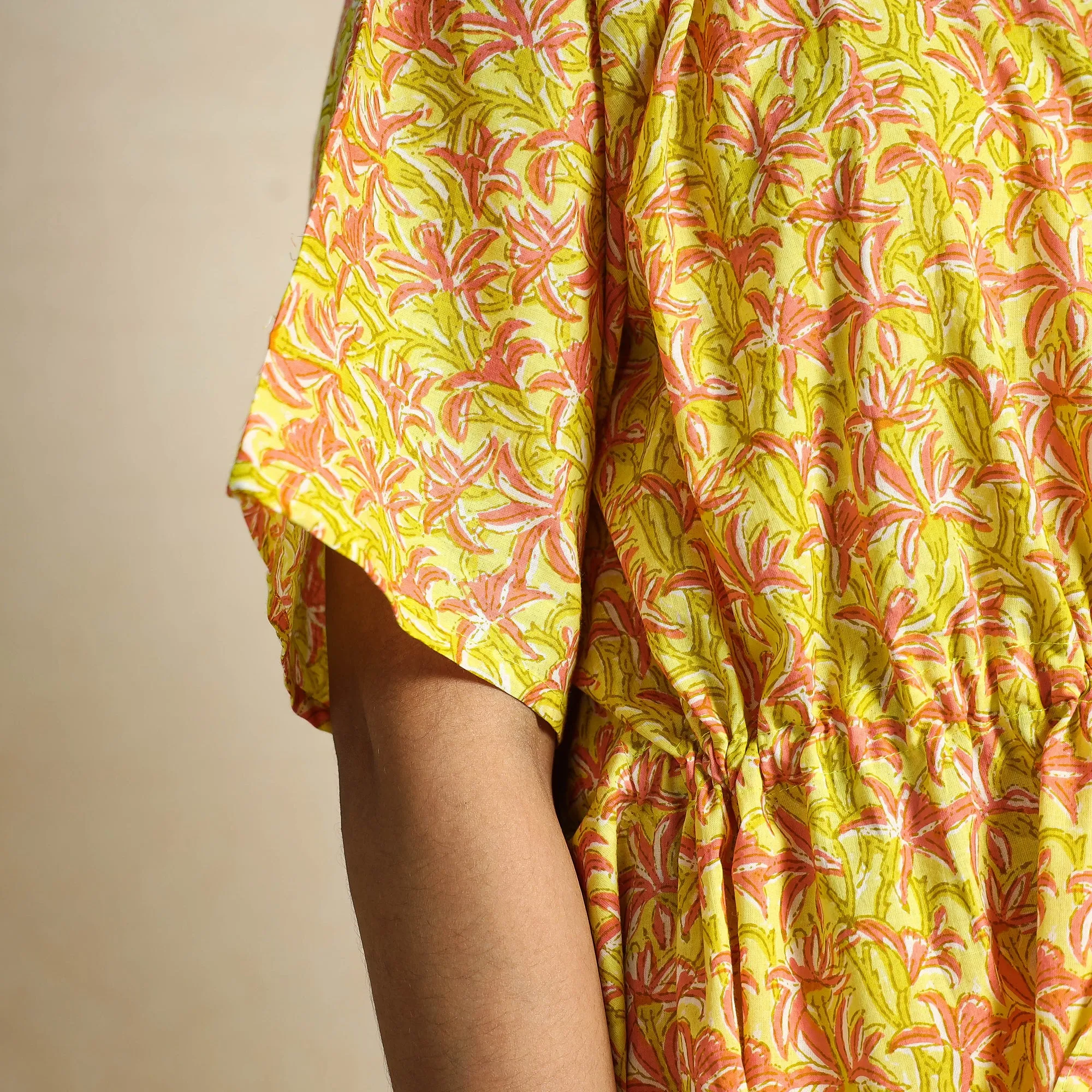 Yellow - Hand Block Printed Cotton Kaftan & Pyjama Night Suit Set