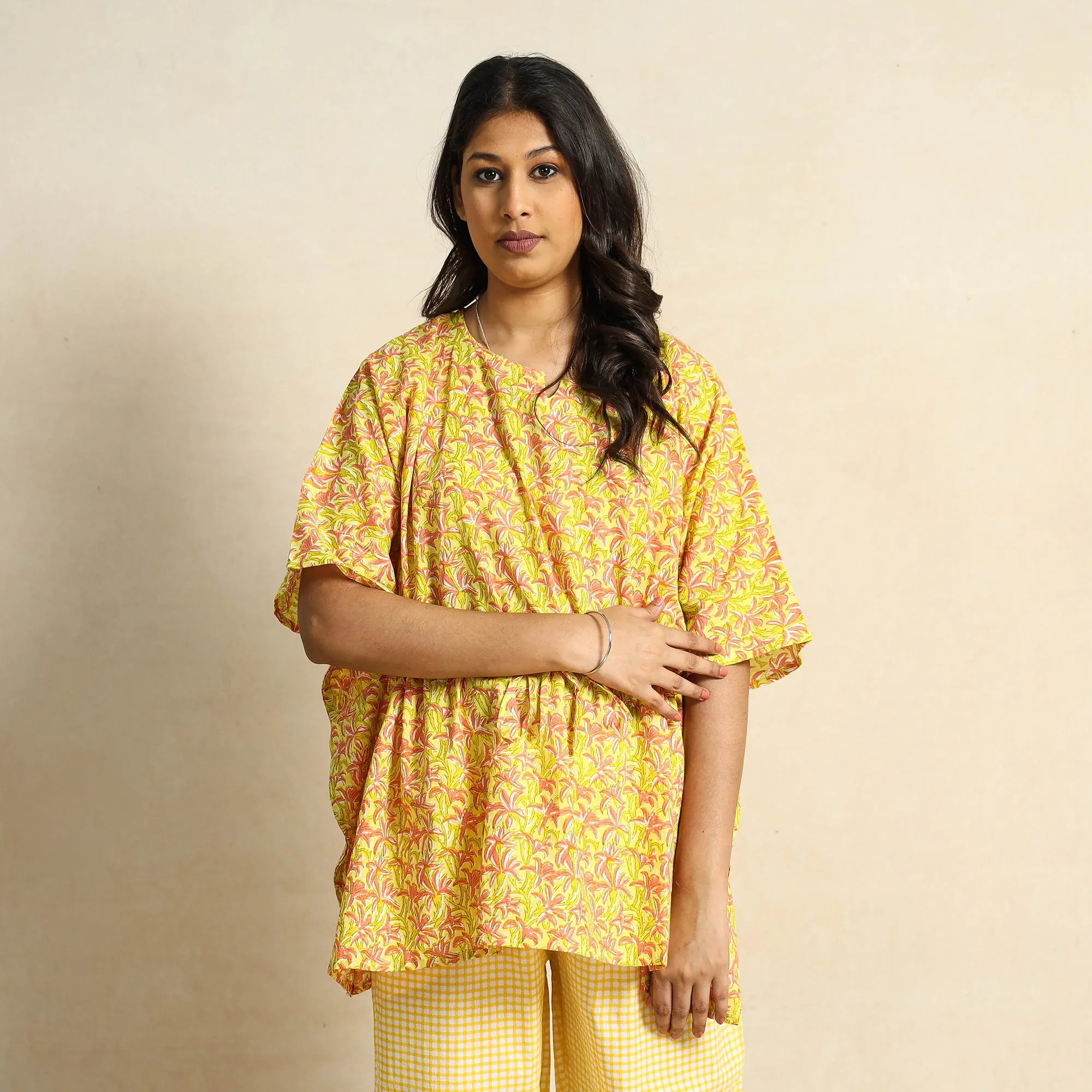 Yellow - Hand Block Printed Cotton Kaftan & Pyjama Night Suit Set