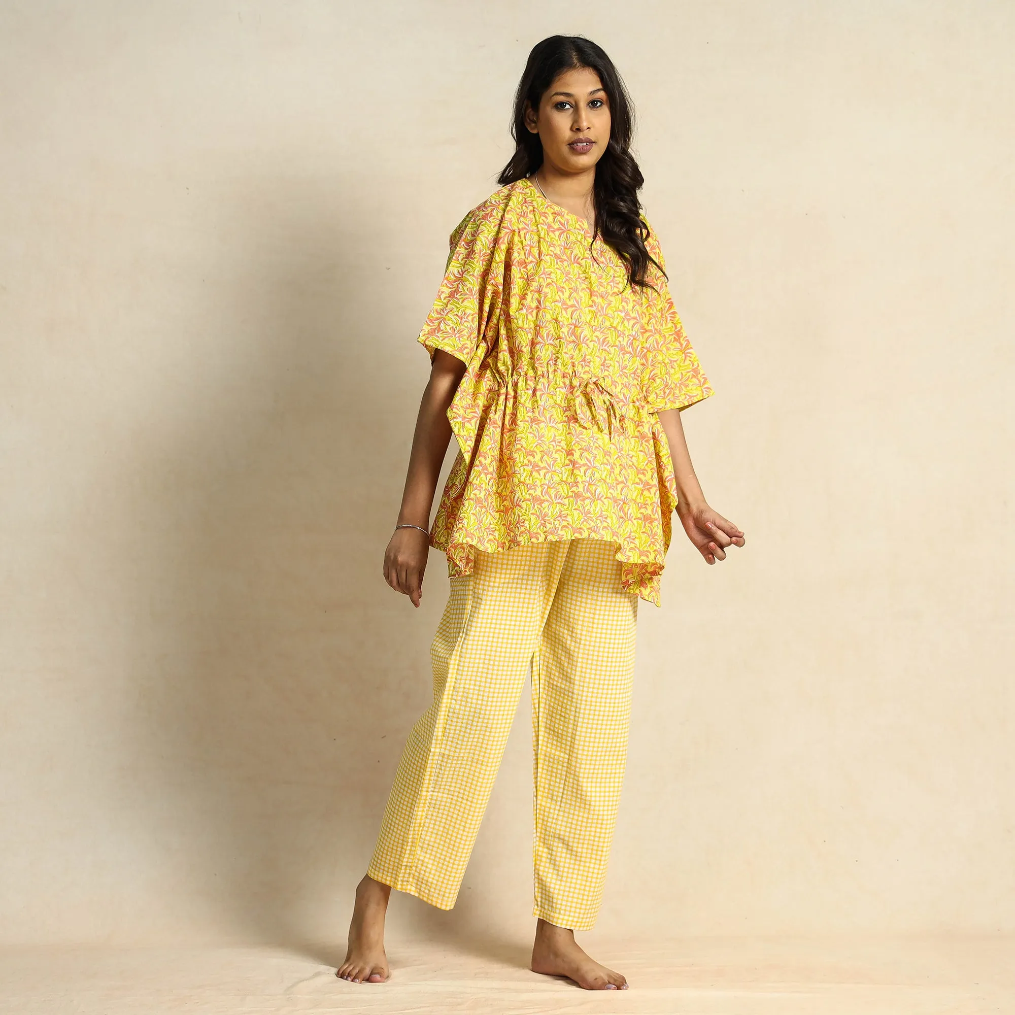Yellow - Hand Block Printed Cotton Kaftan & Pyjama Night Suit Set